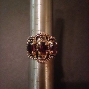 18KGE Gold Electroplated Filigree Triple Simulated Garnet Crystal Ring Sz 6 1/2